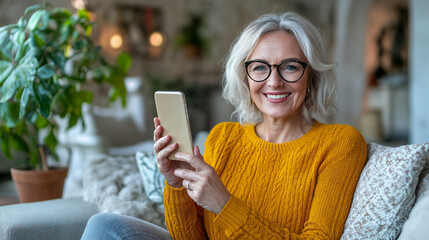 portrait of a woman sitting on a sofa with smartphone
