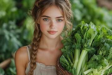 Naklejka premium Photo of a cute girl standing in a garden, holding a wicker basket filled with fresh celery. Greenery and vegetables create a natural, farm-like atmosphere. 