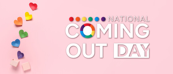 Paper hearts in colors of LGBT flag and gift box on pink background. Valentine's Day celebration