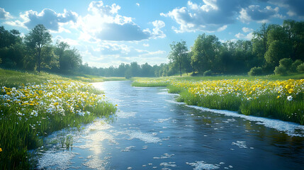 Fototapeta premium Summer Stream with Flowers and Blue Sky - 3D Illustration