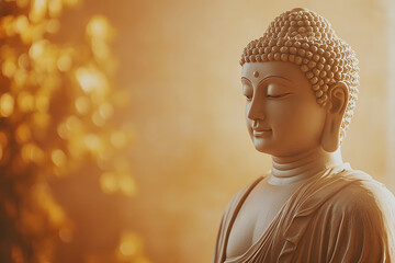 A peaceful Buddha statue stands in soft, warm sunlight, surrounded by lush greenery, creating a serene and meditative atmosphere in nature.