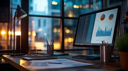 Modern workspace with data analysis on computer screen