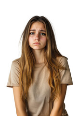 The young and beautiful Argentine woman is upset. The woman has an expression of sadness on her face. Isolated and transparent