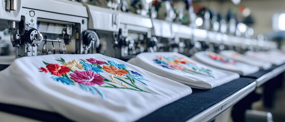 A row of embroidered shirts with flowers on them. The shirts are being sewn on a machine