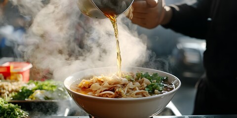 Pouring Broth Over Steaming Noodles