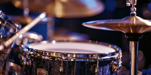 Drumkit Detail: A tight shot of a drumkit, highlighting the meticulous arrangement of drums and cymbals.