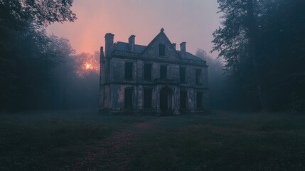 A large abandoned house stands in a foggy forest. Perfect for a spooky or eerie scene.