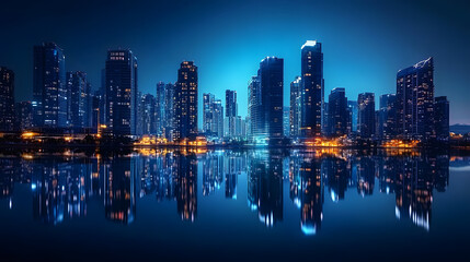 Fototapeta premium Glowing skyscrapers rise majestically against a deep blue sky, their reflections shimmering on the tranquil water, embodying the quiet energy of the urban night