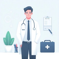 A flat-style illustration of a doctor standing confidently in medical attire. Perfect for healthcare, medical services, and wellness content. Clean, minimalistic design with a professional look.