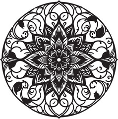 Rounded Floral ornaments mandala design and spirals black line art with vector style 
