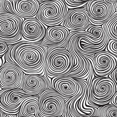 Repeating swirl pattern in black and white on a seamless background design.