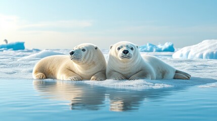 Fototapeta premium Arctic ice sheet with seals resting, polar bears in the distance, floating icebergs, cold blue lighting