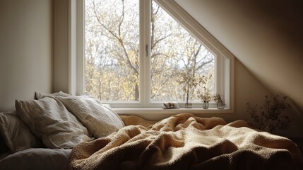 Attic converted into a bedroom, sloped ceilings, cozy bed with throw blankets, soft natural lighting