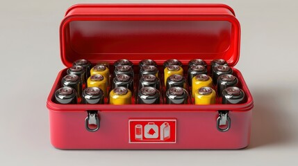 Battery collection box with a red sign, filled with used batteries, in a supermarket, bright fluorescent lighting