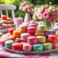 Bunte Macarons auf einem Tisch in einem wunderschönen Garten