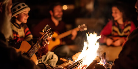 Folksy Fireside - A family gathered around a crackling fire, passing down musical traditions through song and dance.