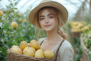A cute girl stands in a garden holding a wicker basket filled with fresh pears. Lush greenery and a natural outdoor setting create a vibrant, farm-like atmosphere.
