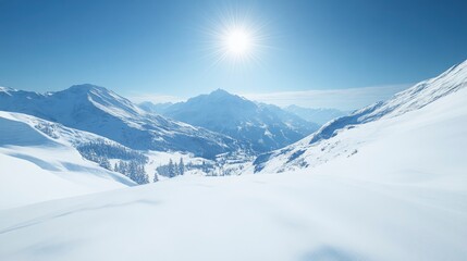 Fototapeta premium Clear blue sky over a snowy mountain, crisp air, sun shining on the snow, bright cold lighting