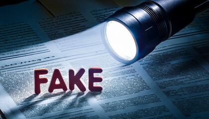 A flashlight illuminates the word 'FAKE' on a newspaper