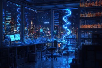 Modern lab with city view. Represents technological advancements in bio-engineering.