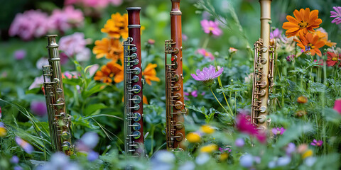 Whimsical Woodwind - A playful collection of woodwind instruments, scattered amidst a lush garden...