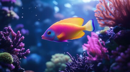 Obraz premium A neon-colored fish swimming in an underwater wonderland