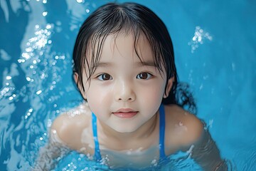 Little girl swims in a pool. Perfect for illustrating articles about summer fun, water safety, or childhood.