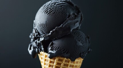 Close-up of black ice cream in waffle cone