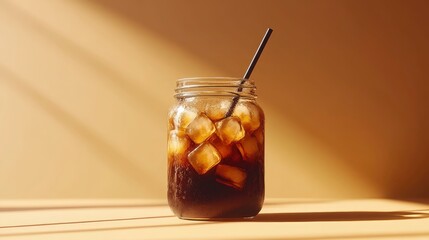 Cold brew coffee in a glass jar, ice cubes visible, coffee stirrer inside, bright morning light