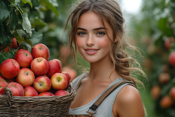 Photo of a cute girl standing in a garden, holding a wicker basket full of apples. Bright, natural setting with lush greenery and ripe fruit.
