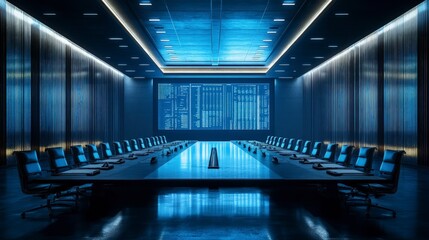 Corporate boardroom with executives, financial data projections on a large screen, strategic planning discussion, dim conference lighting
