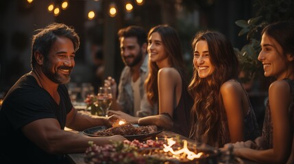 Happy family celebrating birthday at summer party outdoor. Group of people with different ages and ethnicity having fun together outside. Friendship and celebration concept, people for barbecue.