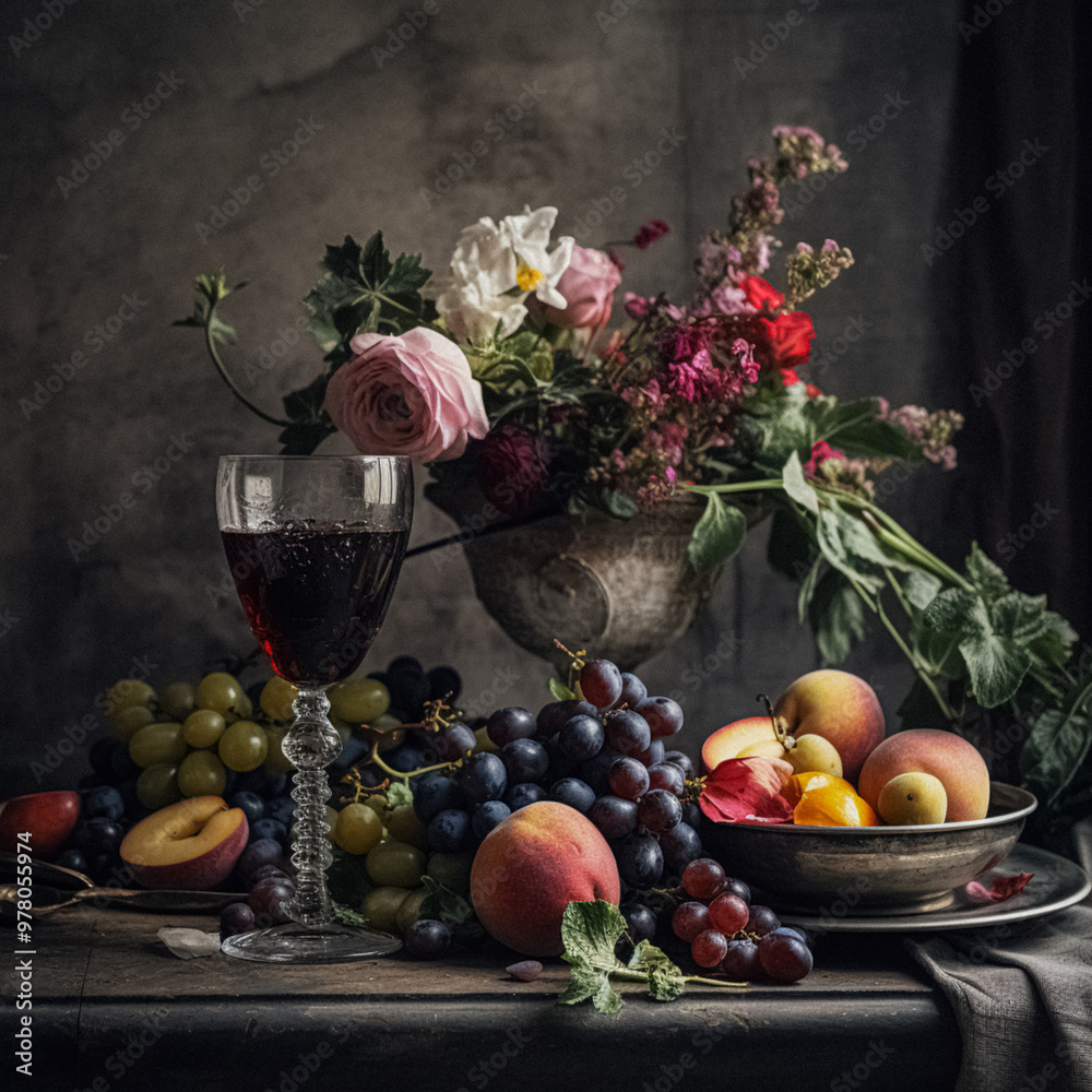 Wall mural classic still life composition with a rich arrangement of flowers and fresh fruits and a glass of wi