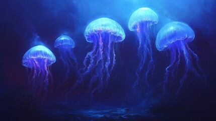 Deep ocean with bioluminescent creatures, dark water surrounding, jellyfish glowing, dim blue lighting