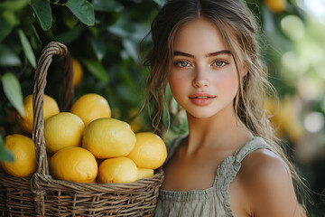 Obraz premium a cute girl in a garden, holding a full wicker basket of lemons. Bright outdoor setting with lush greenery