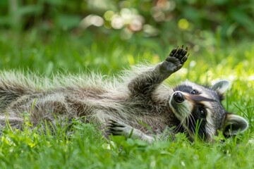 A raccoon rolling around in the grass, its masked face contorted in a playful grimace and its tail swishing back and forth