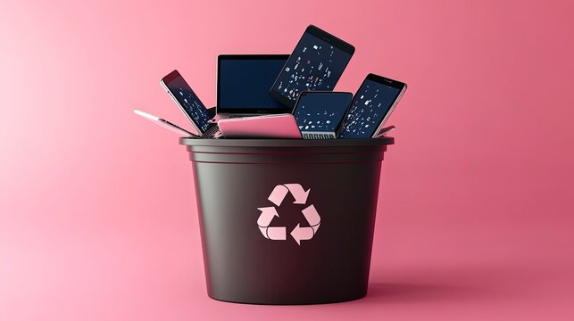 Electronic waste bin with a computer icon, old laptops and phones, in a tech store, bright indoor lighting