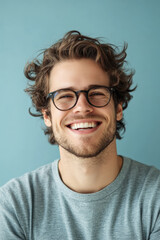 Obraz premium Young Caucasian man with glasses, smiling confidently, projecting energy and enthusiasm, set against a light blue background.