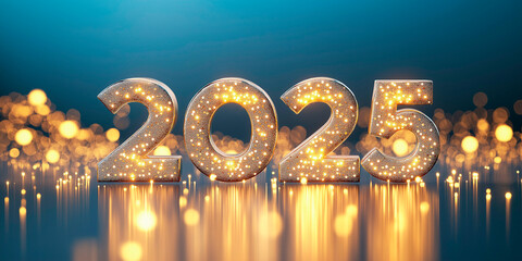 Year 2025 in shiny letters with golden sparkles