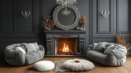 Formal living room with a grand fireplace, ornate mirror above, elegant sofas, soft chandelier lighting