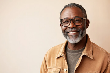 Fototapeta premium Senior African American man with glasses, gentle smile, standing confidently against a light beige background, conveying wisdom and warmth.