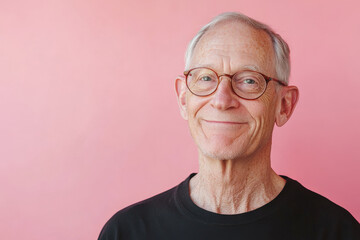 Obraz premium Senior Caucasian man with glasses, warm and gentle smile, standing against a soft pastel pink background, radiating wisdom and positivity.