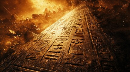 Ancient Stone Tablet with Hieroglyphics in a Dusty and Dramatic Setting