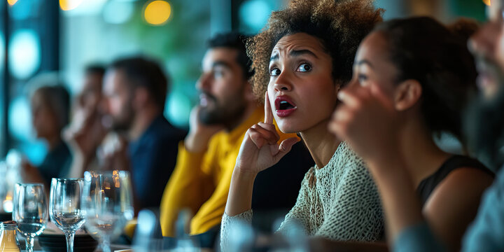 Muted Rage - A group of people sitting at a restaurant table, their faces contorted in frustration, but their voices barely audible above the din of background noise.
