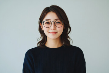 Young Japanese woman with glasses, smiling with energy and happiness, standing against a light grey background, conveying friendliness and excitement.
