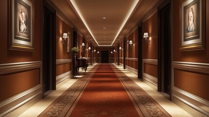 Hallway with family portraits, runner rug, console table with decorative items, soft ambient lighting