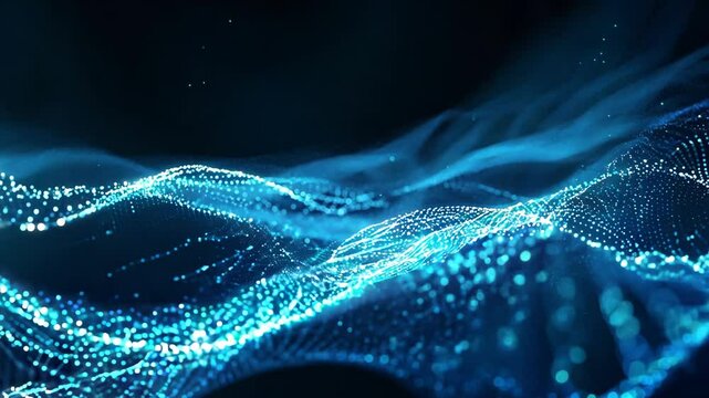 Abstract video motion blue particles forming waves, digital technology abstract background