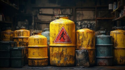 Hazardous waste collection tank with a red warning label, chemicals and paints, in a workshop, dim evening lighting