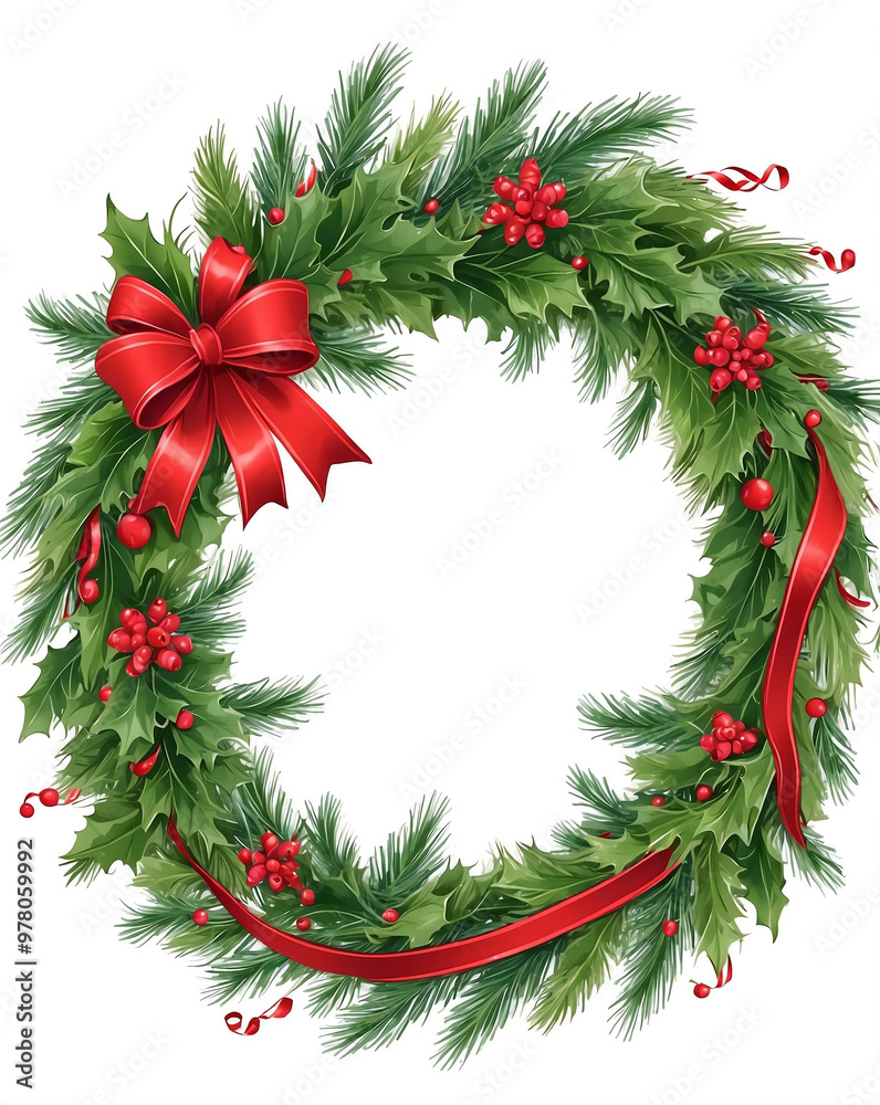 Wall mural Christmas wreath with red ribbon