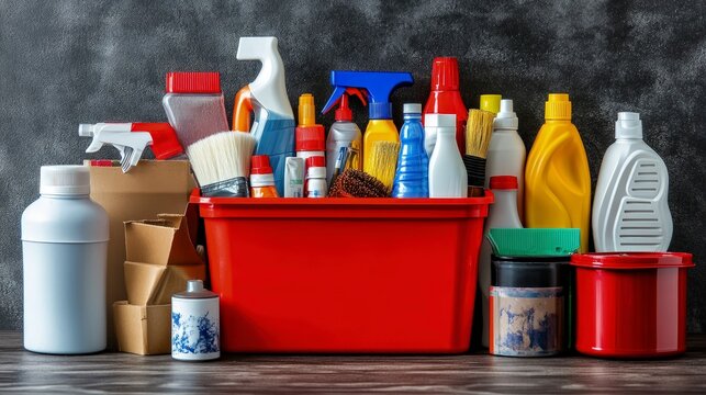 Household chemicals disposal bin with a red label, paint cans and cleaning supplies, placed in a garage, dim lighting